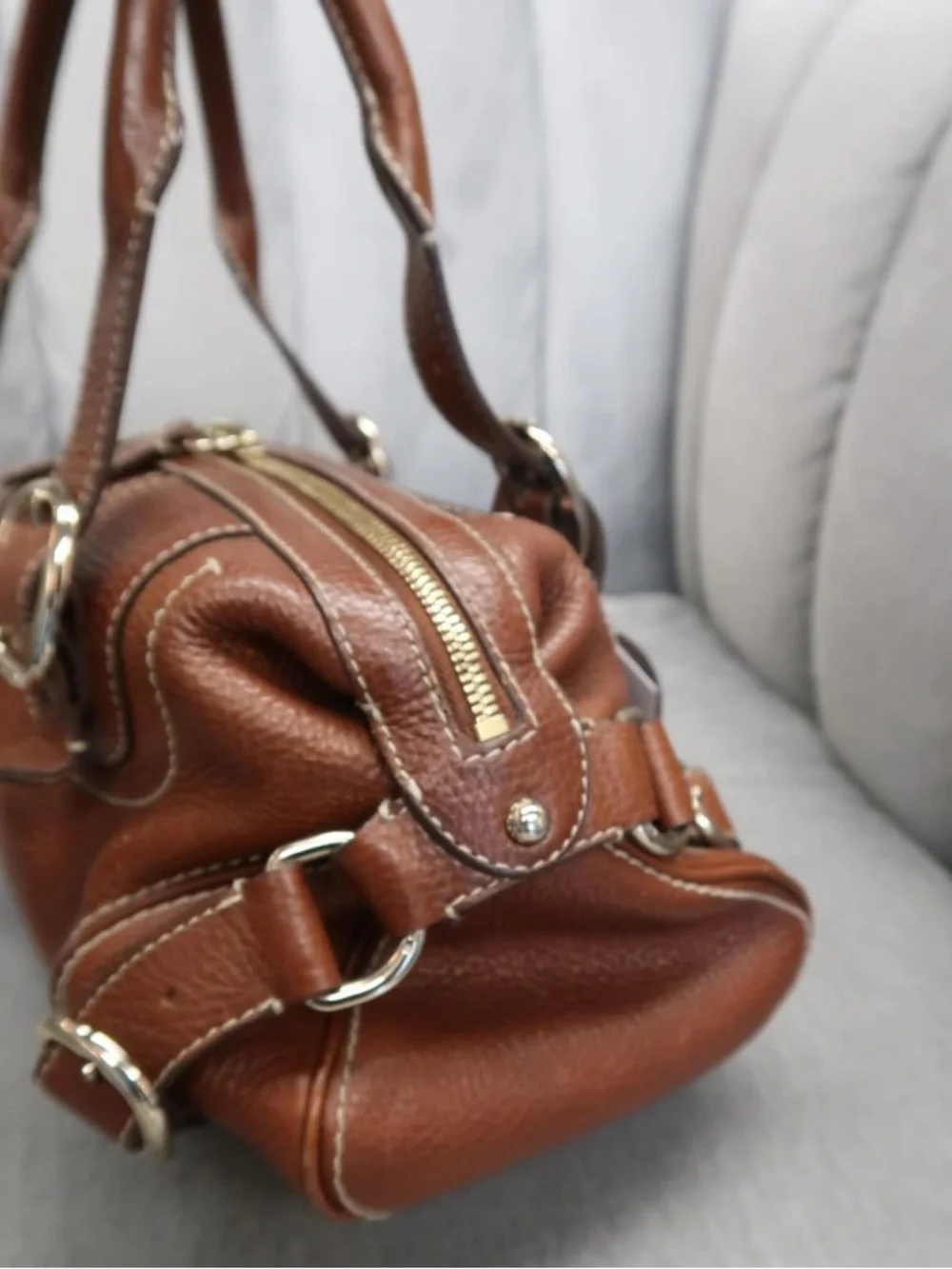 Burberry Brown Pebbled Leather Double-Handle Satchel - Picture 5 of 11